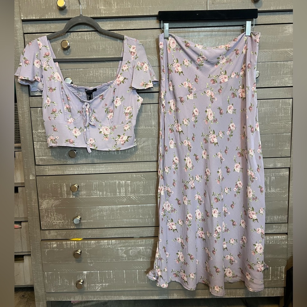 Forever 21 Floral Lavender Skirt And Crop Top Set Womens Size M Spring Summer